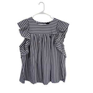 Who What Wear Top Plus Sz 2X Women Striped Ruffle-Sleeve Black White 100% Cotton